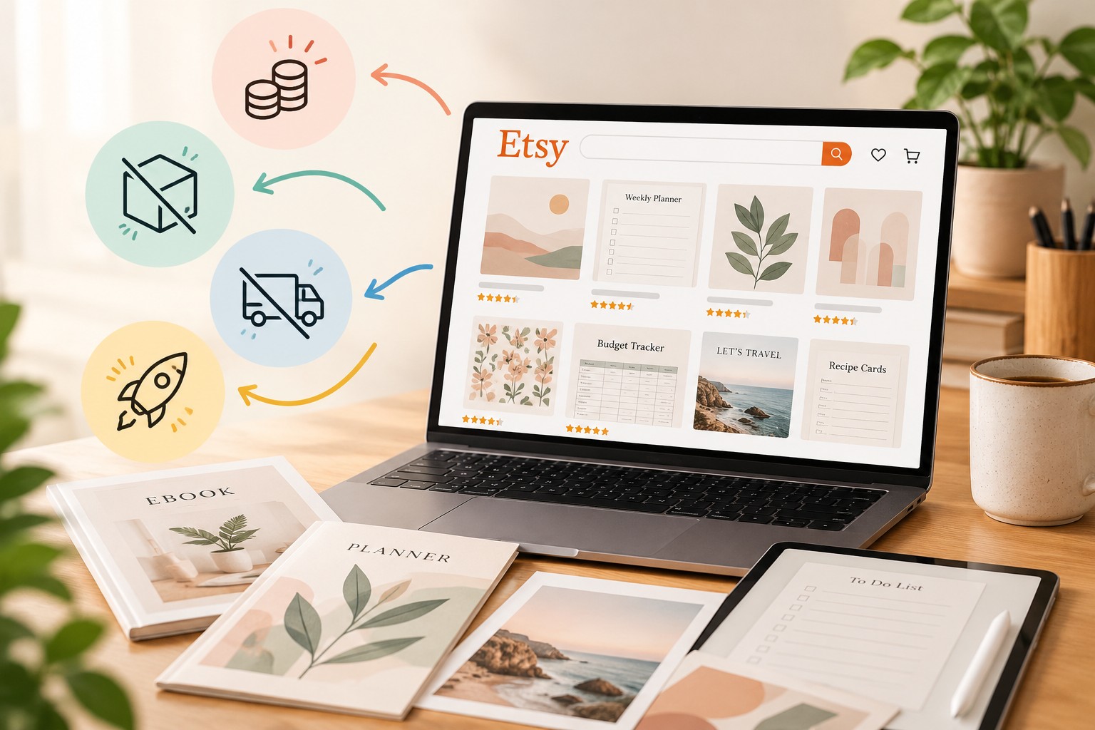 Femme souriante devant son ordinateur portable, entourée d'icônes autour d'une boutique Etsy illustrant l'absence d'expédition, les copies illimitées, les revenus et la croissance