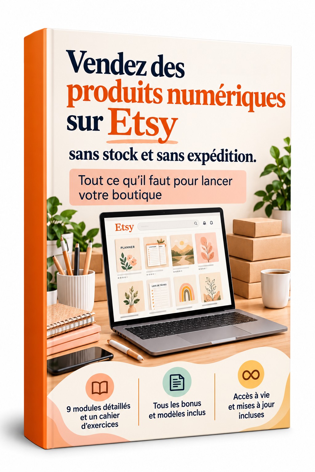 Couverture d'ebook montrant un ordinateur portable avec une boutique Etsy de planners imprimables, des icônes de types de fichiers et une tablette sur un bureau