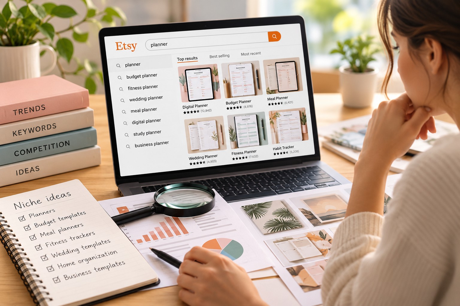 Femme réfléchissant à sa niche sur un tableau blanc, avec des exemples de recherches Etsy comme planner budget, affiches murales et suivi d'habitudes