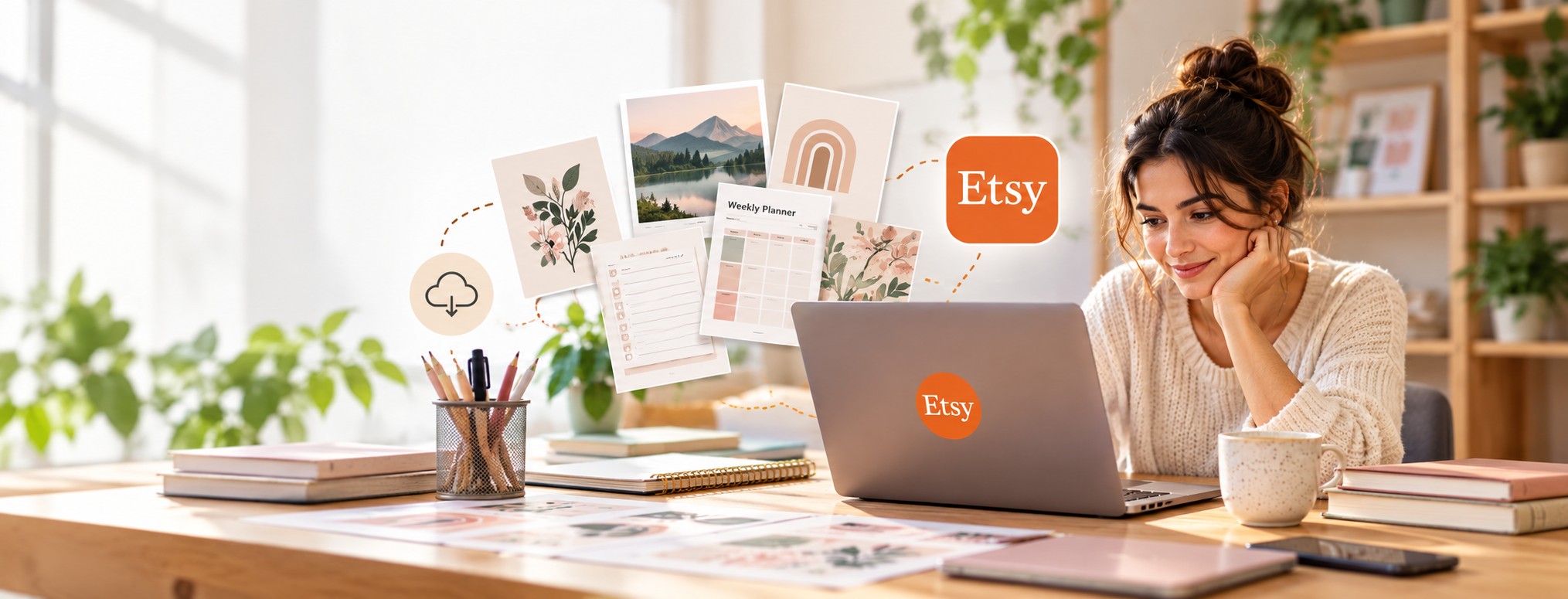 Gagner de l'argent sur Etsy avec des produits numériques : un ordinateur portable affichant une boutique Etsy de planners et de fichiers imprimables sur un bureau bien rangé